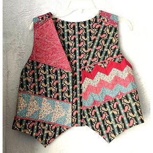 Vtg Quilted Vest Cottagecore Patchwork Handmade Blue Pink Floral Reversible Sml